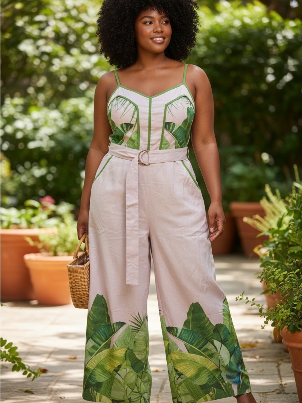 Tropical Leaf Print Wide-Leg Jumpsuit in Light Pink and Green Sz L NWOT